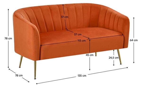 KONDELA Canapea de design cu 2 locuri, ţesătură Velvet teracota/gold crom-auriu, BAGY