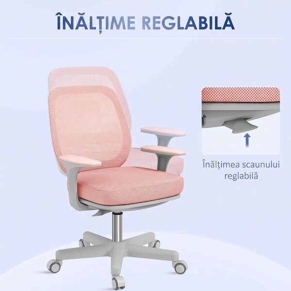 Vinsetto Scaun Birou Roz Respirabil cu Inaltime Reglabila Scaun Rabatabil cu 5 Roti cu Inclinare 55x48x82.5-94.5 cm | Aosom Romania