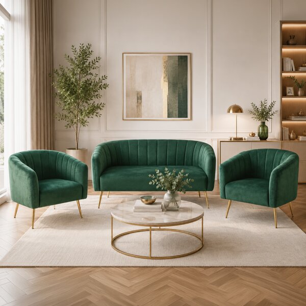 KONDELA Canapea de design cu 2 locuri, ţesătură Velvet verde închis/gold crom-auriu, BAGY