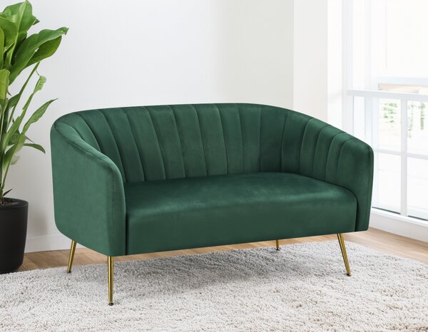 KONDELA Canapea de design cu 2 locuri, ţesătură Velvet verde închis/gold crom-auriu, BAGY