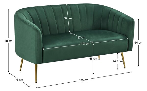 KONDELA Canapea de design cu 2 locuri, ţesătură Velvet verde închis/gold crom-auriu, BAGY