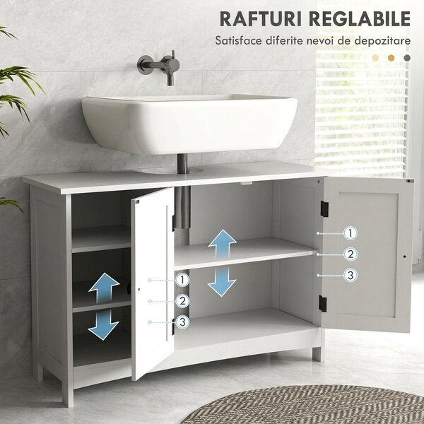 Kleankin Dulap Rustic pentru Chiuveta din Baie, Dulap de Depozitare pentru sub Chiuveta cu Usi Duble si Rafturi, Alb