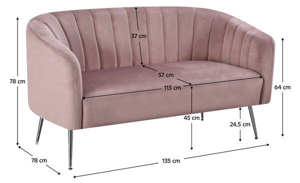 KONDELA Canapea de design cu 2 locuri, ţesătură Velvet roz/crom-argintiu, BAGY