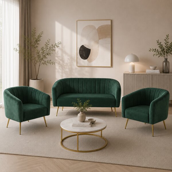 KONDELA Canapea de design cu 2 locuri, ţesătură Velvet verde închis/gold crom-auriu, BAGY
