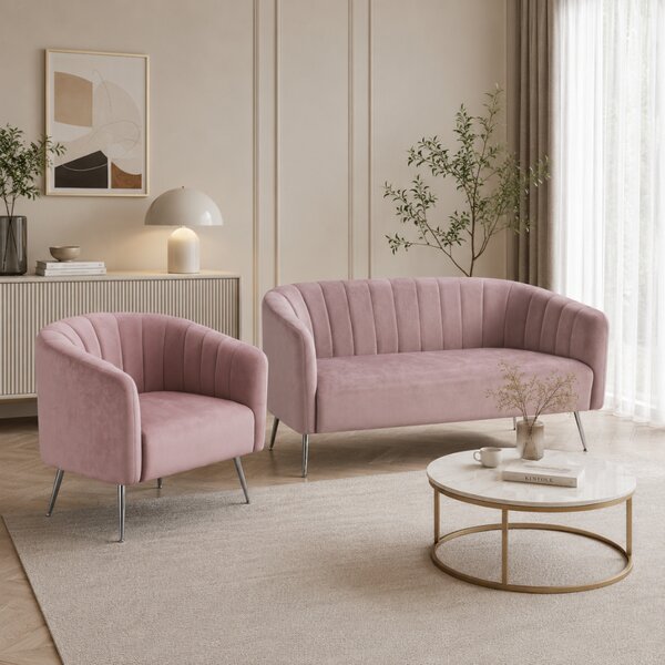 KONDELA Canapea de design cu 2 locuri, ţesătură Velvet roz/crom-argintiu, BAGY