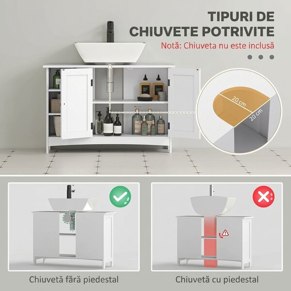 Kleankin Dulap Rustic pentru Chiuveta din Baie, Dulap de Depozitare pentru sub Chiuveta cu Usi Duble si Rafturi, Alb