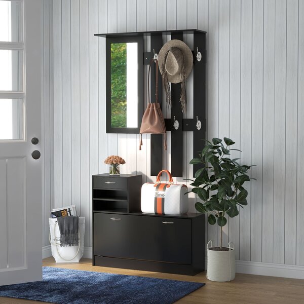 HOMCOM Dulap pentru Intrare Cuier cu Pantofar si Oglinda, Rafturi si Sertar, Dulap Cuier din PAL, 90x10x102 cm, Negru