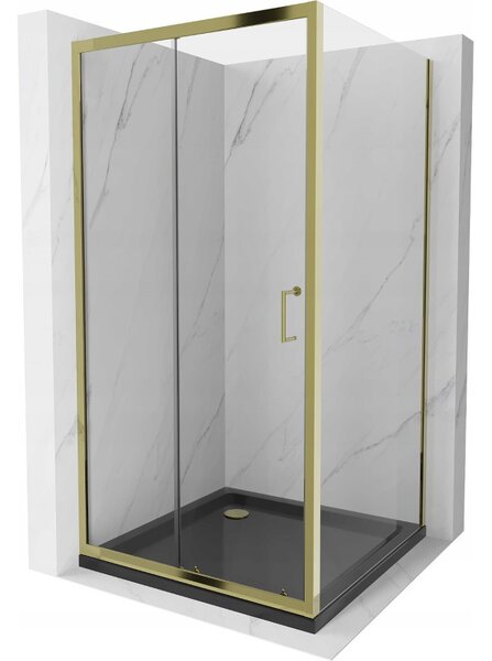 Mexen Apia, cabină de duș cu ușă glisantă 90 (uşă) x 90 (perete) cm, sticlă transparentă 6 mm, profil auriu + cadă de duș SLIM neagră, 840-090-090-50-00-4070G