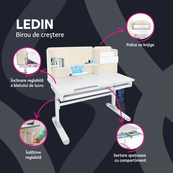 KONDELA Birou crescător, natural/alb, LEDIN