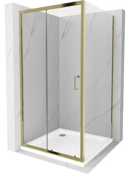 Mexen Apia, cabină de duș cu ușă glisantă 90 (uşă) x 90 (perete) cm, sticlă transparentă 6 mm, profil auriu + cadă de duș SLIM albă, 840-090-090-50-00-4010G