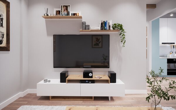 KONDELA Mobilier de perete living, alb/stejar artisan, MILONA