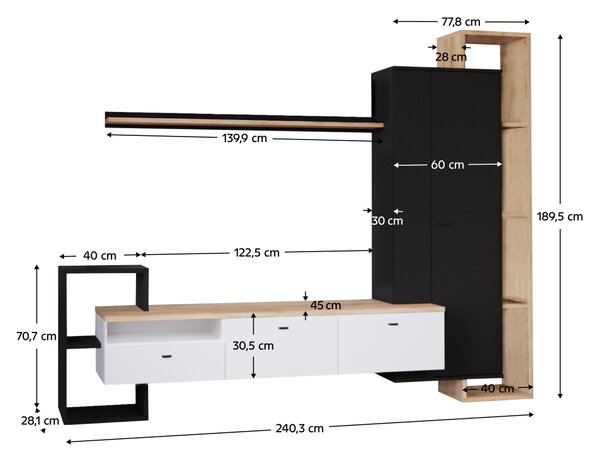 KONDELA Mobilier de perete living, negru/alb/stejar craft auriu, DENISO