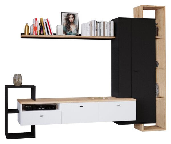 KONDELA Mobilier de perete living, negru/alb/stejar craft auriu, DENISO