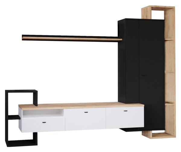 KONDELA Mobilier de perete living, negru/alb/stejar craft auriu, DENISO