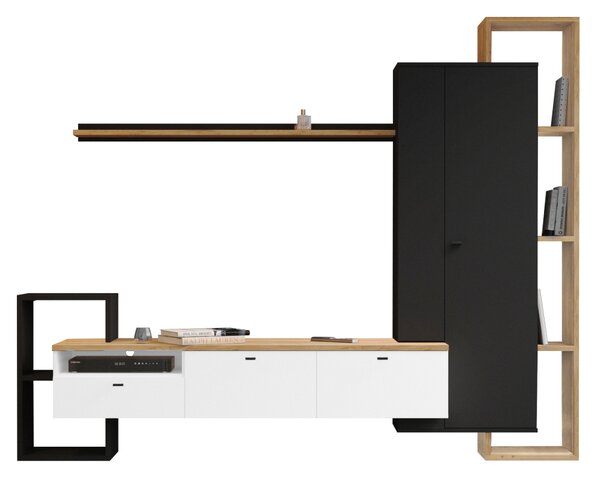 KONDELA Mobilier de perete living, negru/alb/stejar craft auriu, DENISO