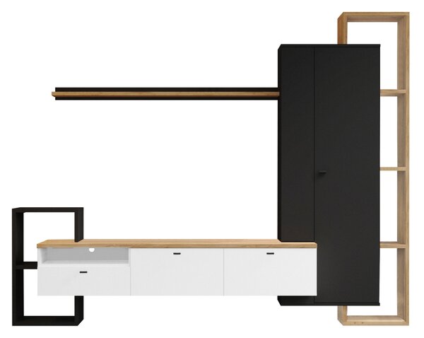 KONDELA Mobilier de perete living, negru/alb/stejar craft auriu, DENISO