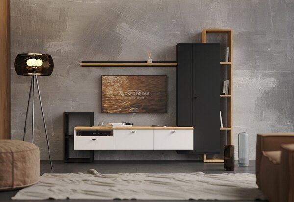 KONDELA Mobilier de perete living, negru/alb/stejar craft auriu, DENISO