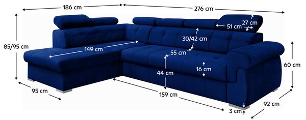 KONDELA Colţar extensibil, albastru/argintiu, stânga, PRIMUS ROH NEW
