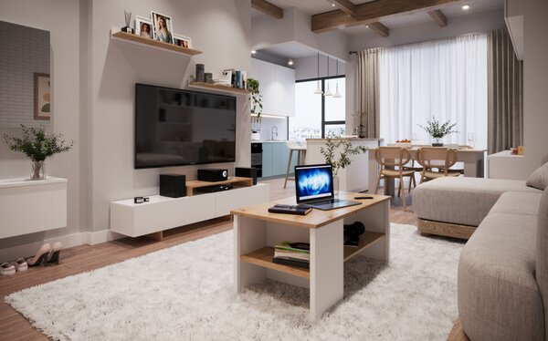 KONDELA Mobilier de perete living, alb/stejar artisan, MILONA