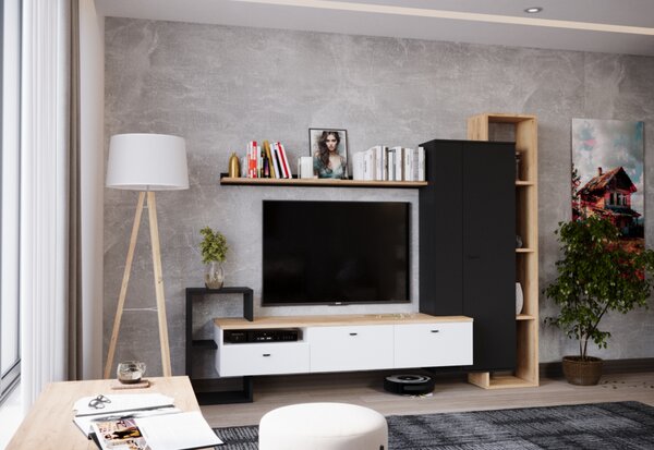 KONDELA Mobilier de perete living, negru/alb/stejar craft auriu, DENISO