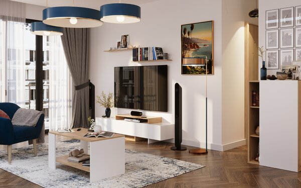 KONDELA Mobilier de perete living, alb/stejar artisan, MILONA