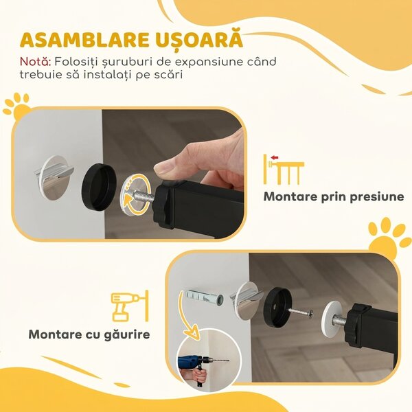 PawHut Poartă pentru Câine Extensibilă cu Deschidere Amplă, Poartă de Siguranță din Oțel și Plastic, 76-107x76 cm, Negru | Aosom Romania