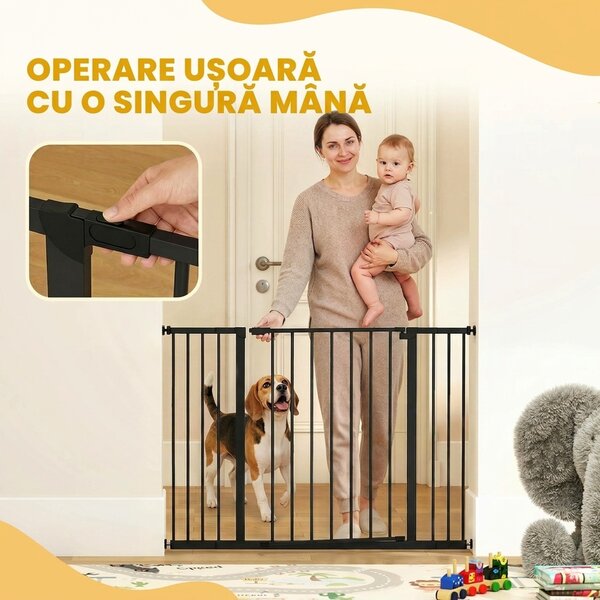 PawHut Poartă pentru Câine Extensibilă cu Deschidere Amplă, Poartă de Siguranță din Oțel și Plastic, 76-107x76 cm, Negru | Aosom Romania