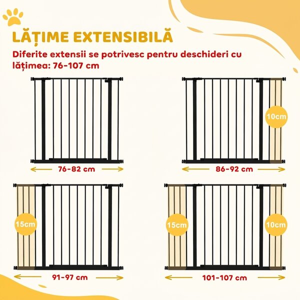 PawHut Poartă pentru Câine Extensibilă cu Deschidere Amplă, Poartă de Siguranță din Oțel și Plastic, 76-107x76 cm, Negru | Aosom Romania