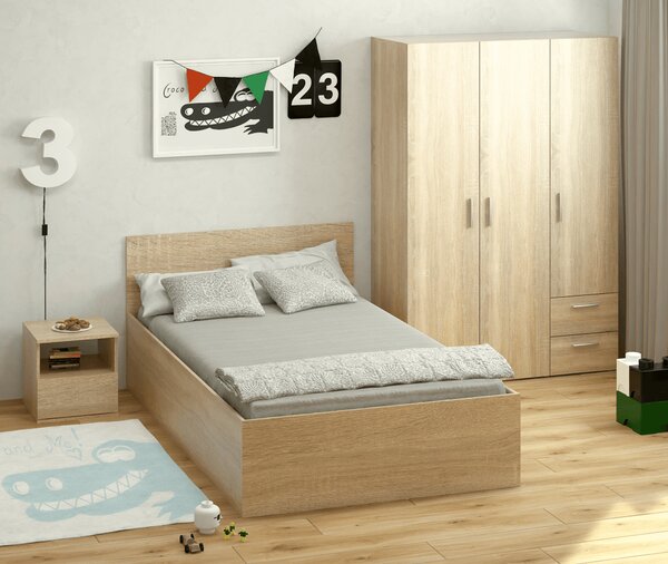KONDELA Pat cu somieră metalic şi spaţiu de depozitare, 120x200, stejar sonoma, DOLI