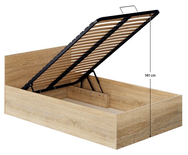 KONDELA Pat cu somieră metalic şi spaţiu de depozitare, 120x200, stejar sonoma, DOLI