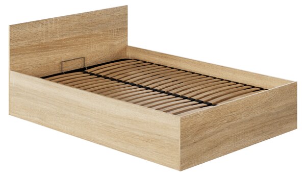 KONDELA Pat cu somieră metalic şi spaţiu de depozitare, 140x200, stejar sonoma, DOLI