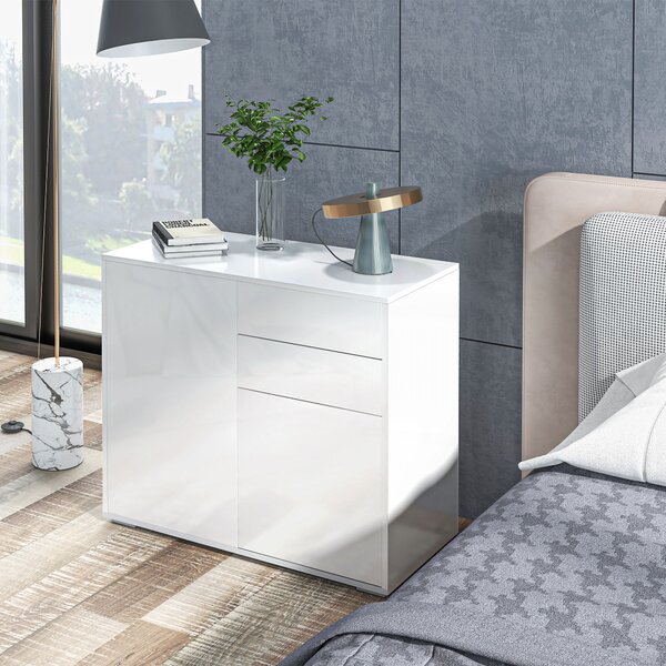 HOMCOM Comodă Elegantă cu Deschidere Touch, 2 Dulapuri și 2 Sertare, pentru Living și Dormitor, 79x36x74cm, Alb Lucios | Aosom Romania