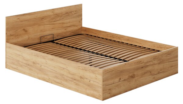 KONDELA Pat cu somieră metalic şi spaţiu de depozitare, 160x200, stejar craft auriu, DOLI