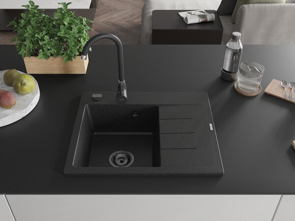 Mexen Ben, chiuvetă granit cu 1 cameră 600x500x190 mm, stânga + sifon negru, negru-argintiu metalic, 6522605000-73-B