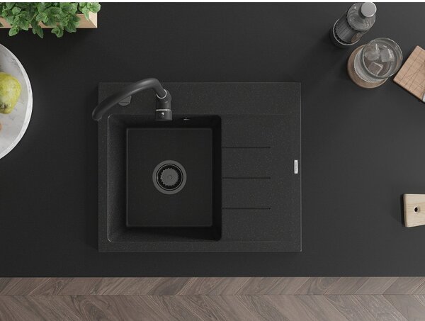Mexen Ben, chiuvetă granit cu 1 cameră 600x500x190 mm, stânga + sifon negru, negru-argintiu metalic, 6522605000-73-B