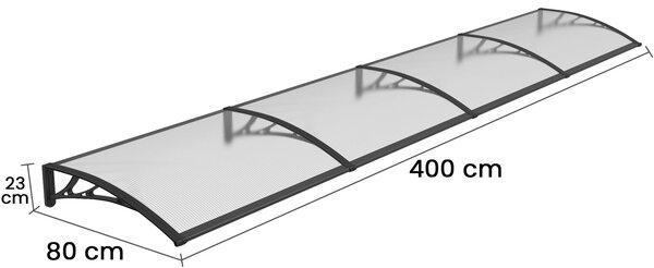 Copertină PREMIUM 400x80 cm, placă 6 mm dintr-o bucată – Negru/Transparent