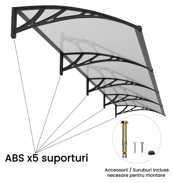 Copertină PREMIUM 400x80 cm, placă 6 mm dintr-o bucată – Negru/Transparent