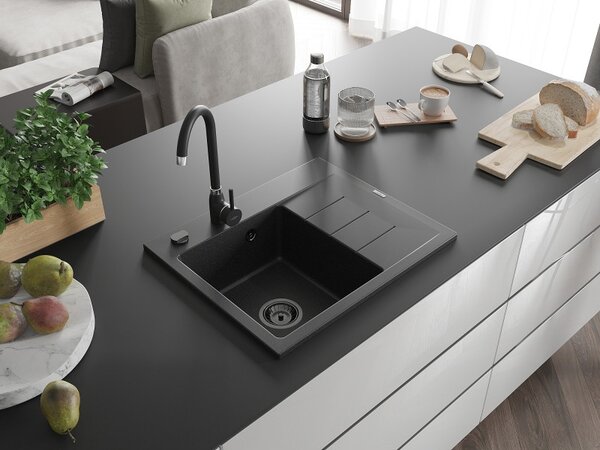 Mexen Ben, chiuvetă granit cu 1 cameră 600x500x190 mm, stânga + sifon negru, negru-argintiu metalic, 6522605000-73-B