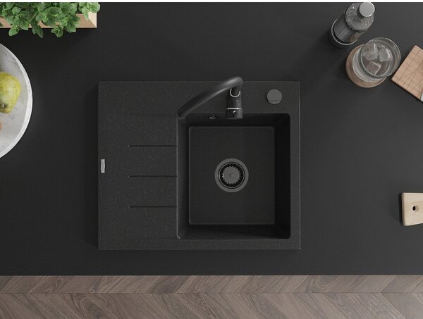 Mexen Ben, chiuvetă granit cu 1 cameră 600x500x190 mm, dreapta + sifon negru, negru-argintiu metalic, 6523605000-73-B