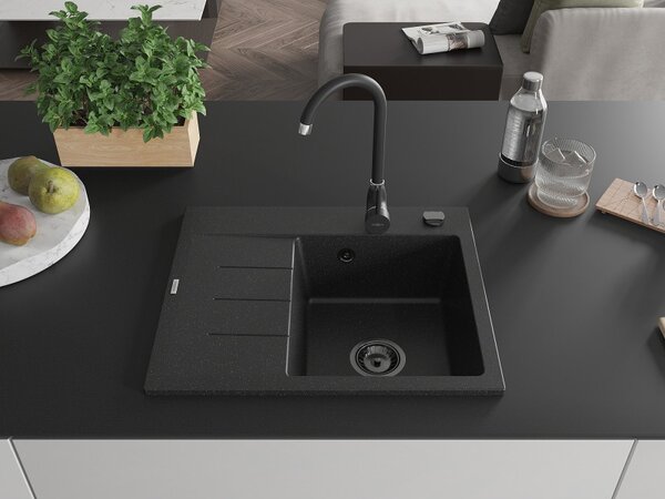 Mexen Ben, chiuvetă granit cu 1 cameră 600x500x190 mm, dreapta + sifon negru, negru-argintiu metalic, 6523605000-73-B