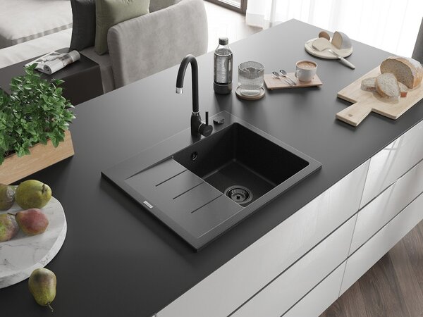 Mexen Ben, chiuvetă granit cu 1 cameră 600x500x190 mm, dreapta + sifon negru, negru-argintiu metalic, 6523605000-73-B