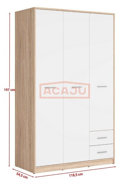 Dulap NEPO PLUS, alb/stejar sonoma, PAL, cu 3 usi si 2 sertare, 119x55