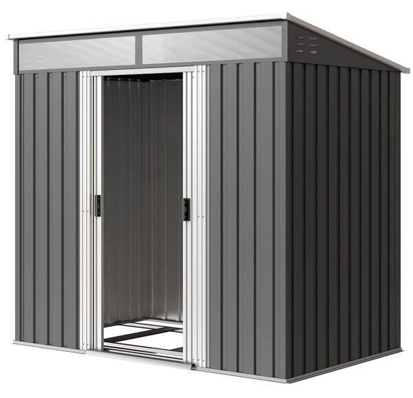 Outsunny Magazie 6,5 x 4 FT din metal galvanizat cu fundatie pentru gradina, Depozit cu incuietoare pentru unelte, Gri