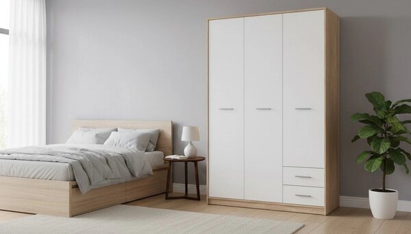 Dulap NEPO PLUS, alb/stejar sonoma, PAL, cu 3 usi si 2 sertare, 119x55