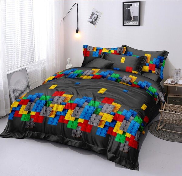Lenjerie de pat din microfibra neagra, LEGO COLORED CUBES