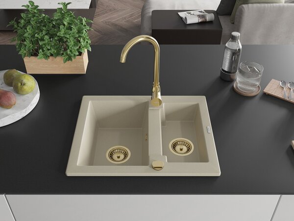 Mexen Carlos, chiuvetă din granit 582x475x177 mm, 1,5 camere, bej cu sifon auriu, 6518581500-69-G
