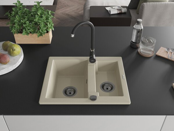 Mexen Carlos, chiuvetă din granit 582x475x177 mm, 1,5 camere, bej cu sifon negru, 6518581500-69-B