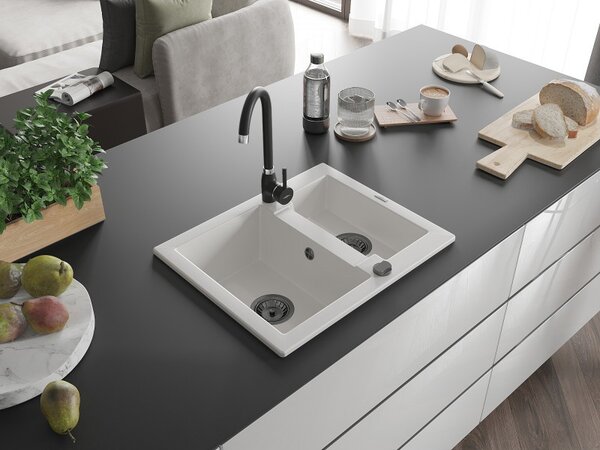 Mexen Carlos, chiuvetă din granit 582x475x177 mm, 1,5 camere, alb cu sifon negru, 6518581500-20-B