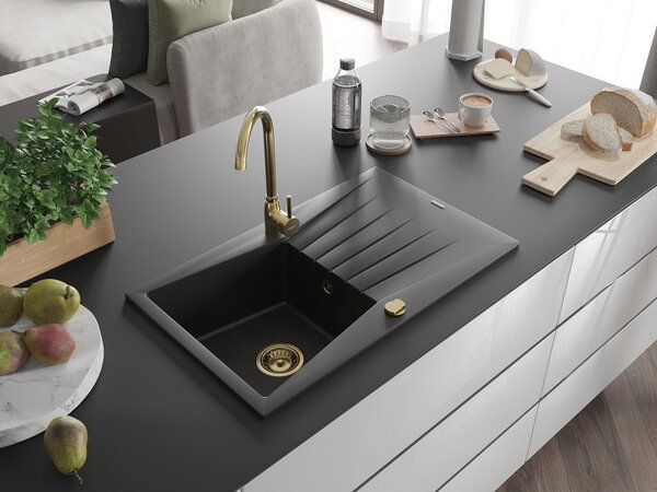 Mexen Cesar, chiuveta granit 775x470x190 mm, 1 camera, negru cu sifon auriu, 6514771010-77-G