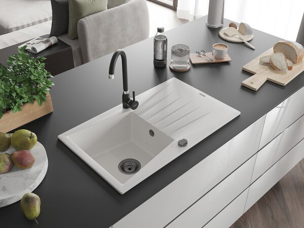 Mexen Cesar, chiuveta granit 775x470x190 mm, 1 camera, alb cu sifon negru, 6514771010-20-B